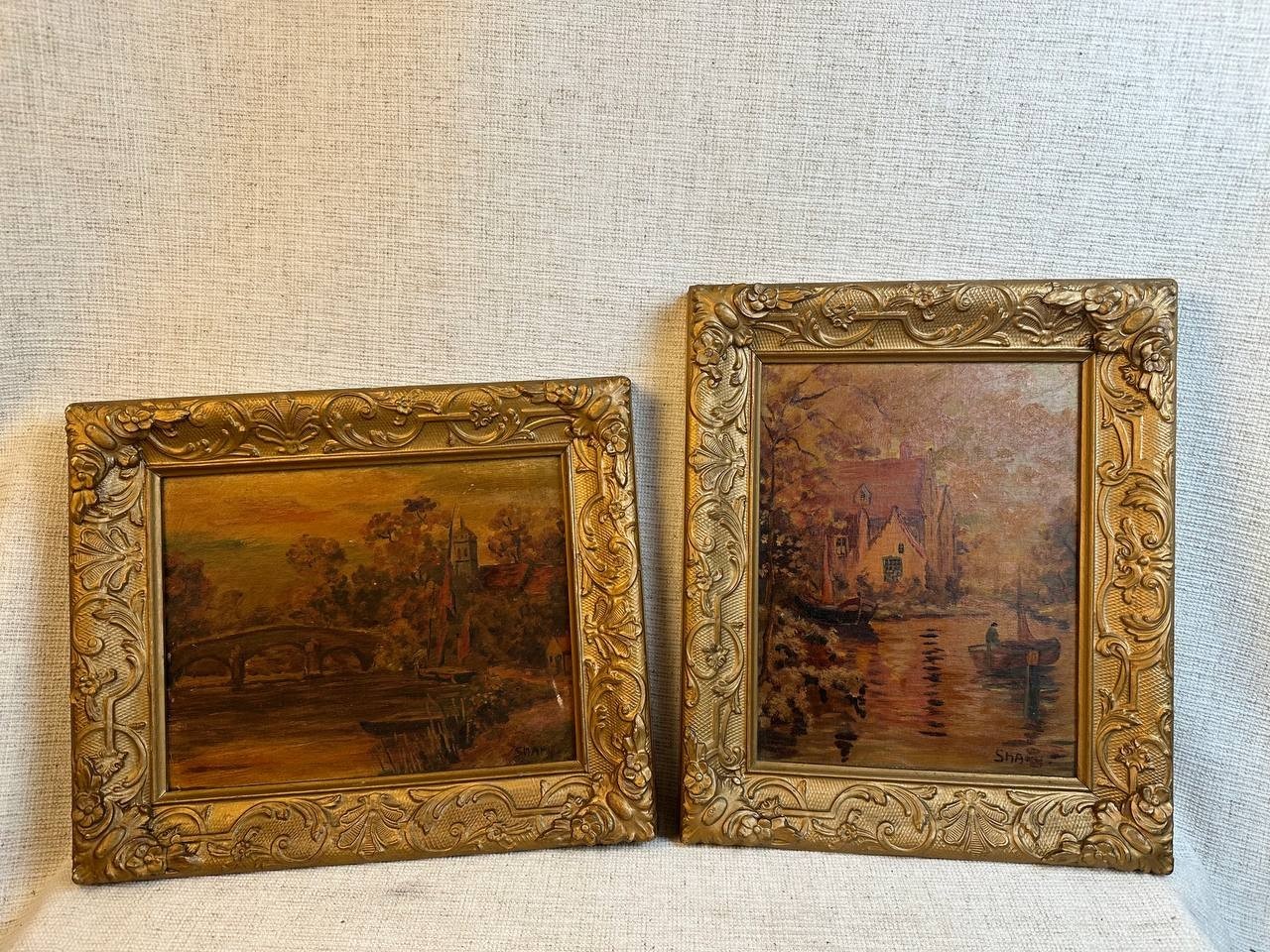 Vintage Framed Landscape Oil Paintings Set of 2 River Village 040 159