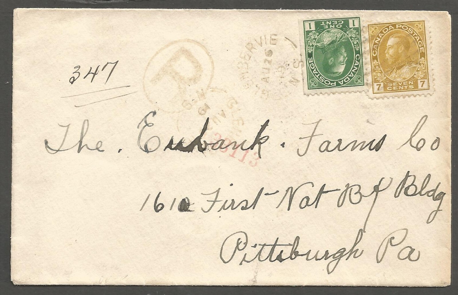 1919 Glenbervie NS Registered Cover 8c Admirals RPO(2) CDS to USA
