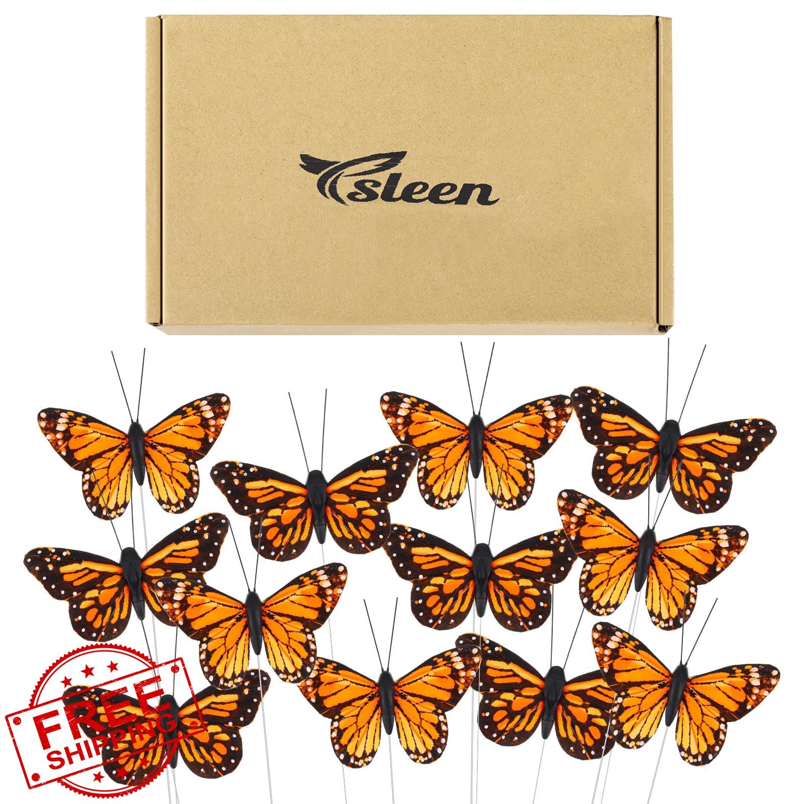 Ysleen Butterfly Picks 12pc Orange Feather Monarch Decor Flowers Crafts