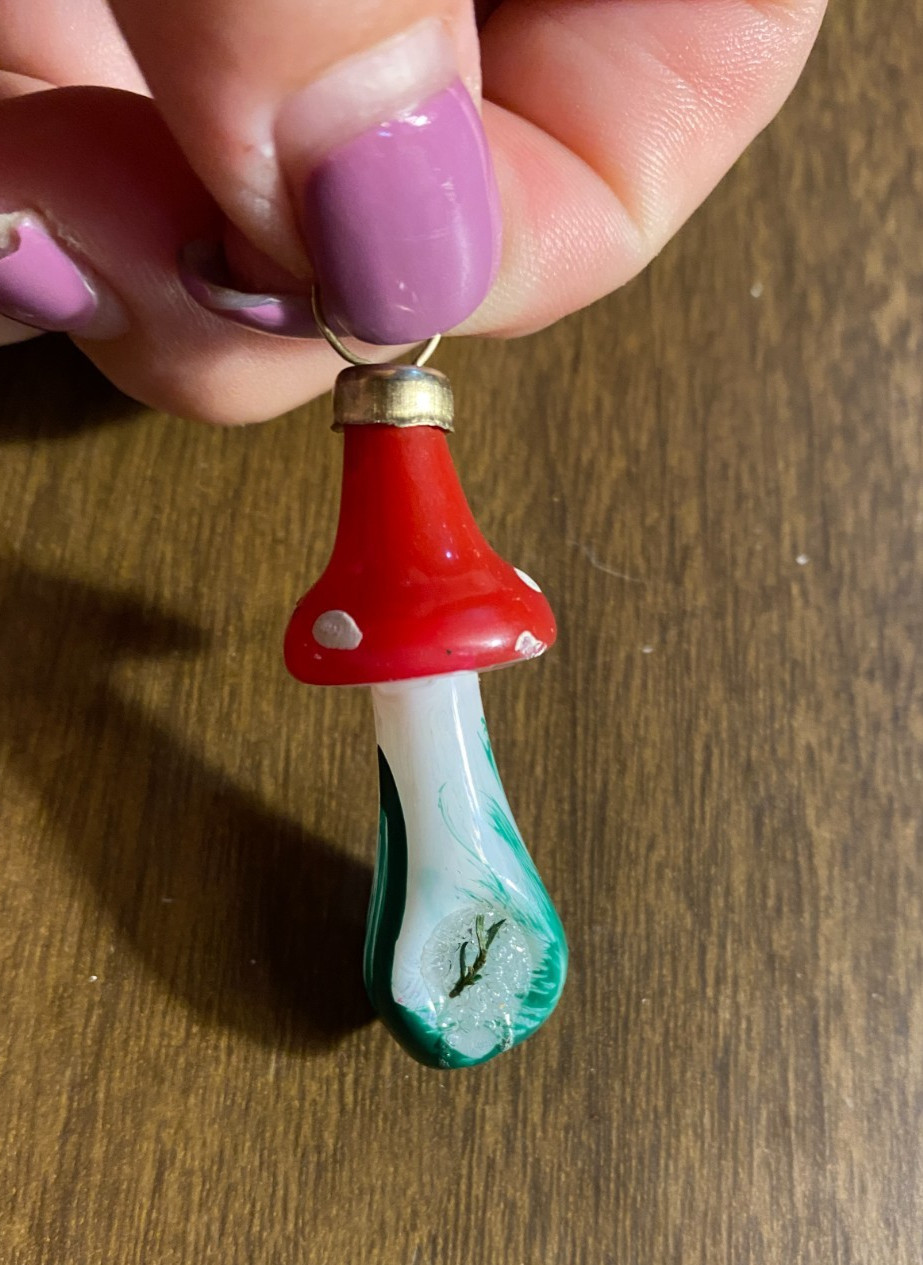 Vintage Tiny Blown Glass Mushroom Polka Dot Christmas Ornament 1 3/4"