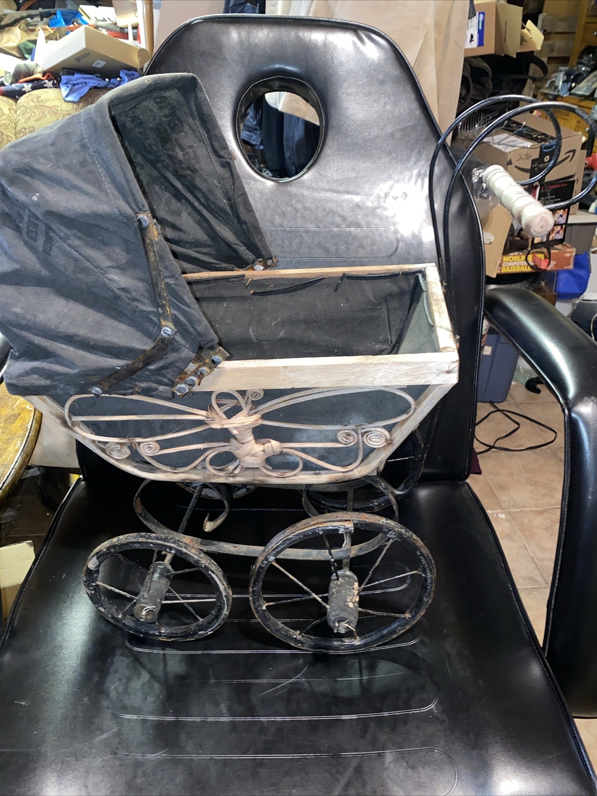 Antique Victorian Baby Doll Stroller Vintage Wicker Wood Iron Baby Doll Carriage