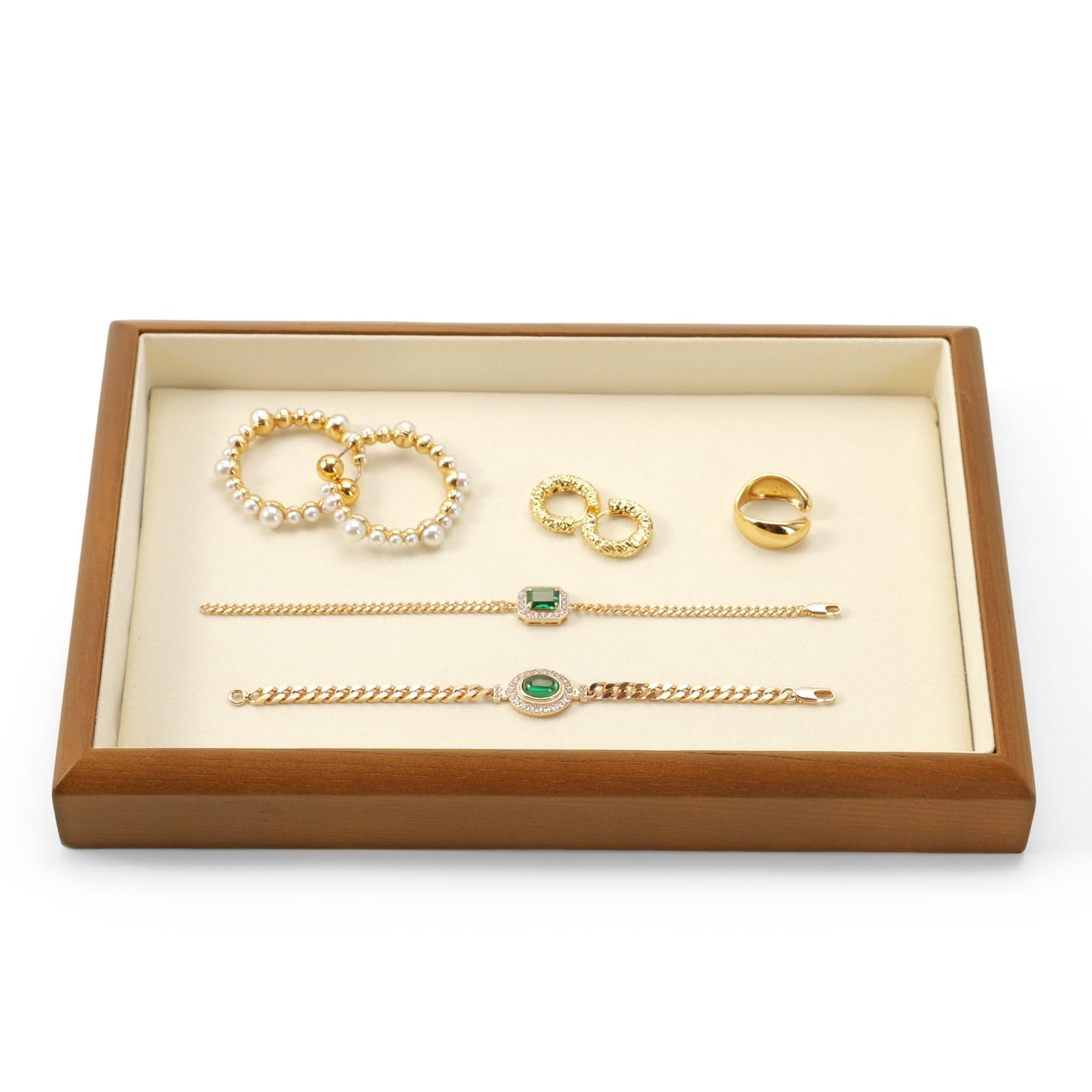 Solid Wood Stackable Jewelry Organizer Tray Jewelry Drawer Organizer(Creamy-w...