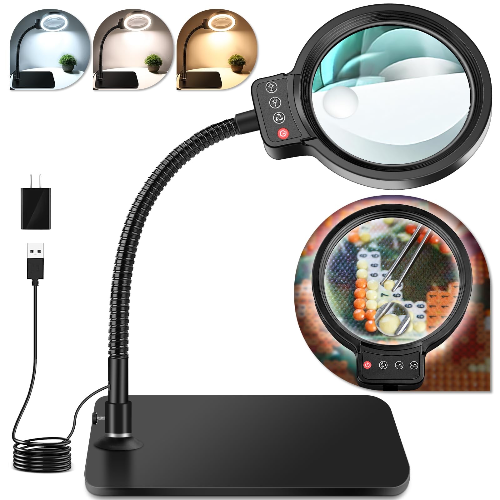 30X 10X Magnifying Glass with Light and Stand, 72 LED 3 Color Large, Black 