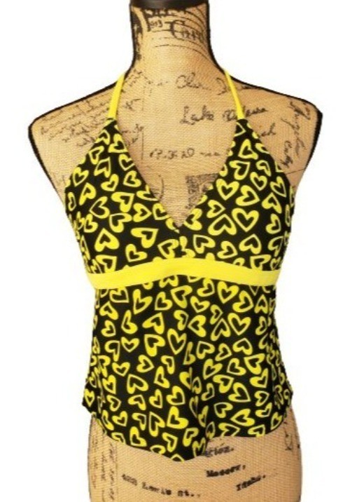 OP Girls 16 1/2 Swim Tankini Halter Yellow Black Heart Print Swimsuit Top