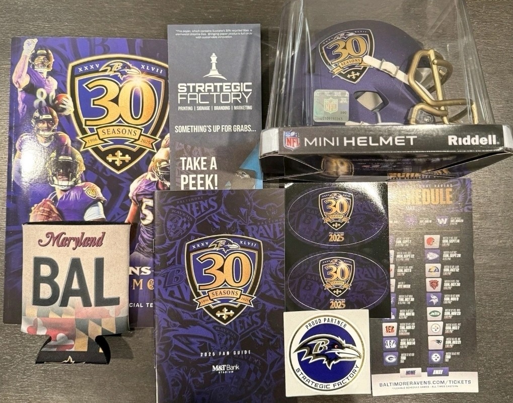 2025 Baltimore Ravens Official Mini Helmet 30 Seasons PSL Owner Package & More