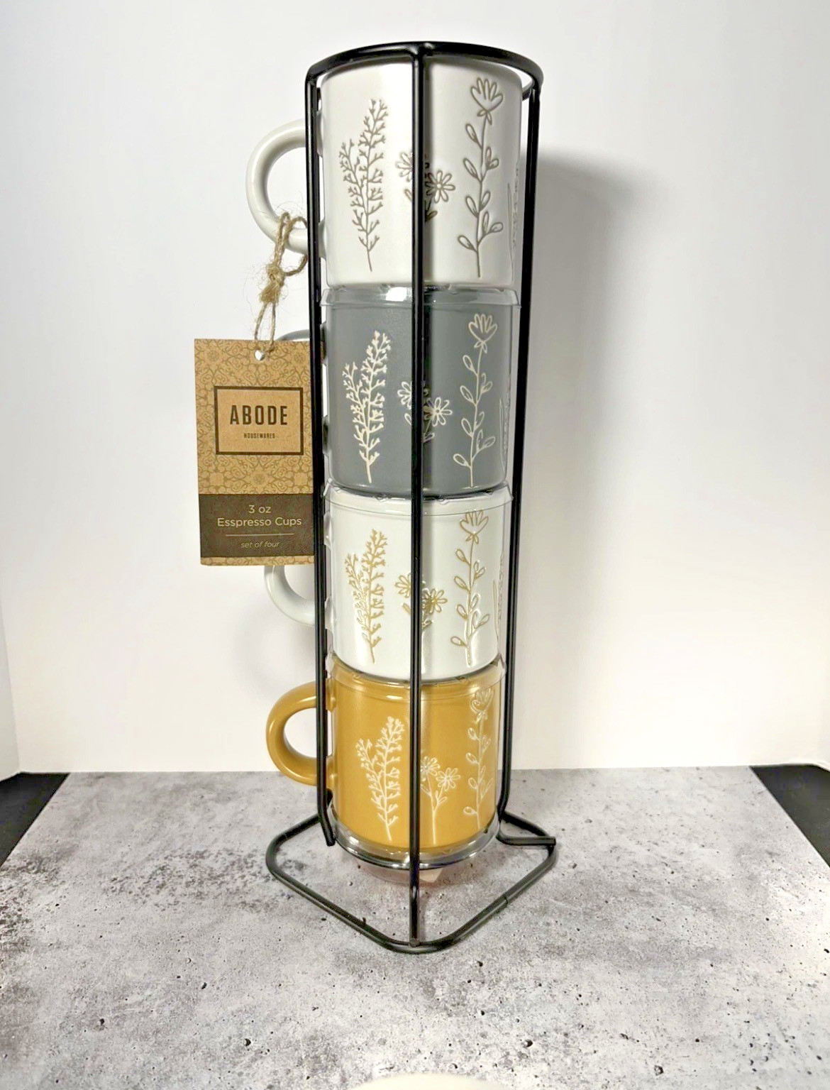 Espresso Cups STACKABLE with Storage Rack Set of 4 Yellow White & Gray Floral 