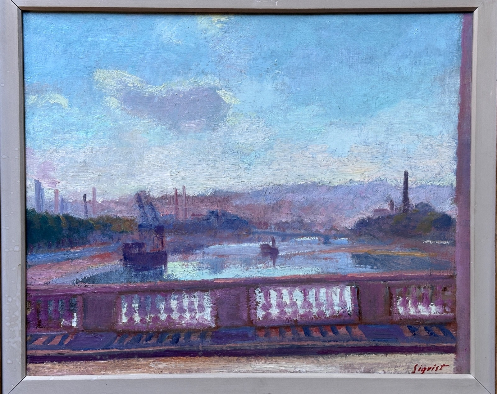 Antique Painting The Seine In Paris Javel Meudon Impressionist Ed. Sigrist 1900