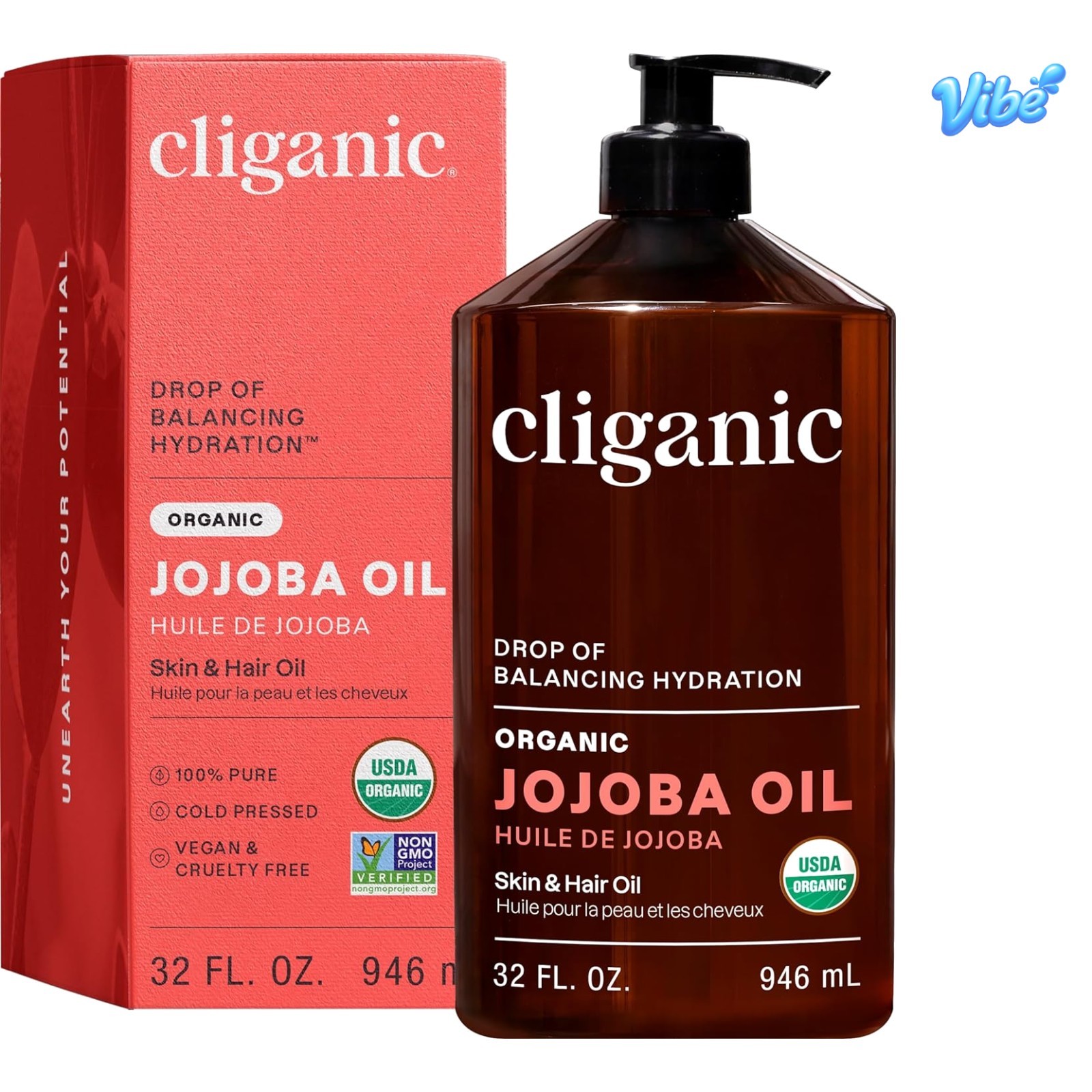 Organic Jojoba Oil 32 oz, 100% Pure | Bulk, Natural Cold Pressed Unrefined He...