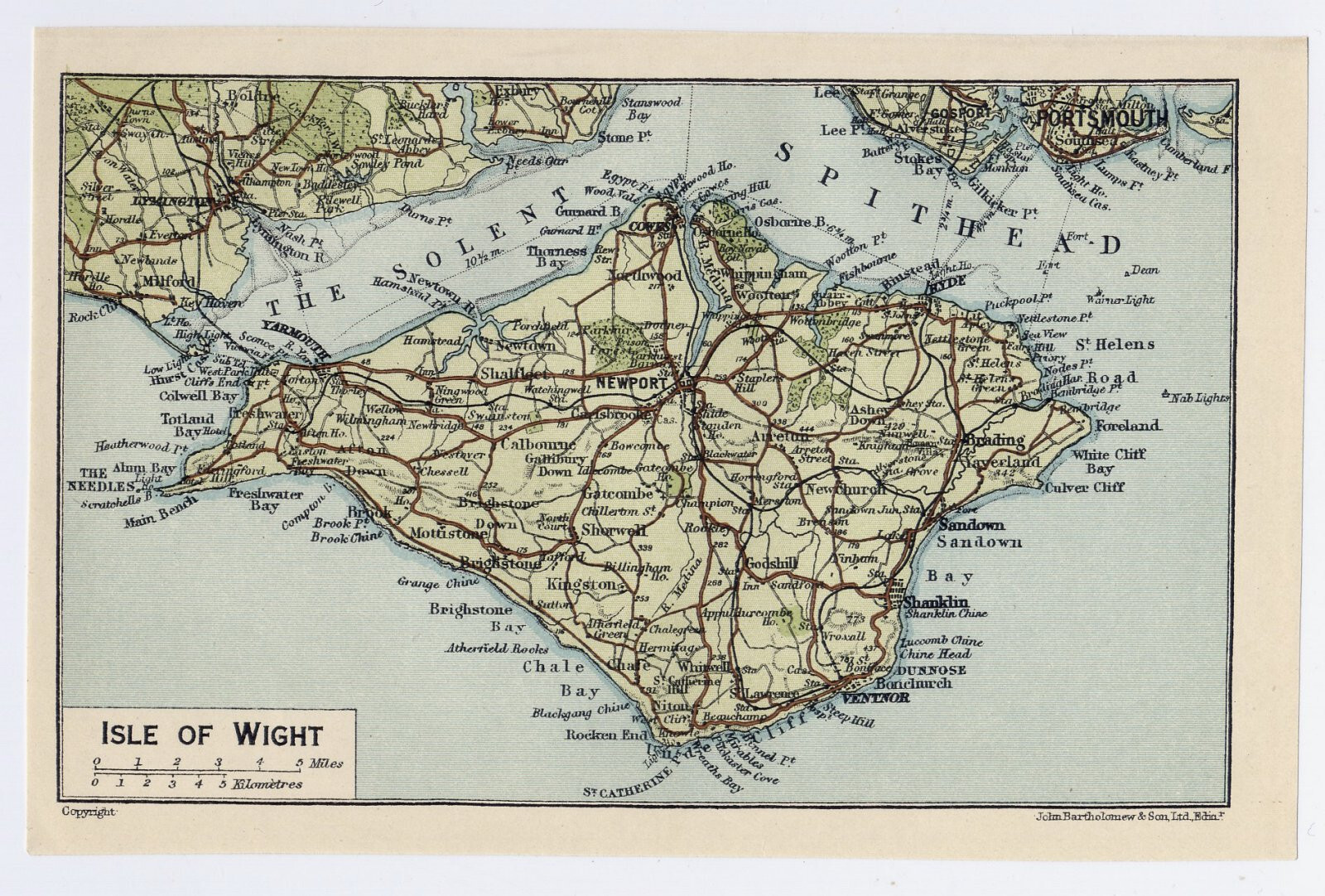 1924 ORIGINAL VINTAGE MAP OF ISLE OF WIGHT / ENGLAND