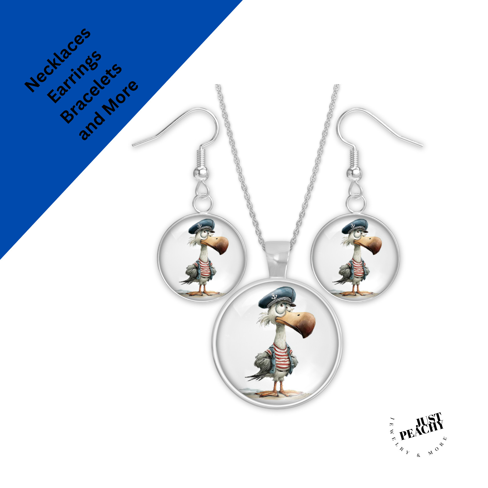 Ahoy Captain Fun Seagull Art Silver Jewelry Necklace Set