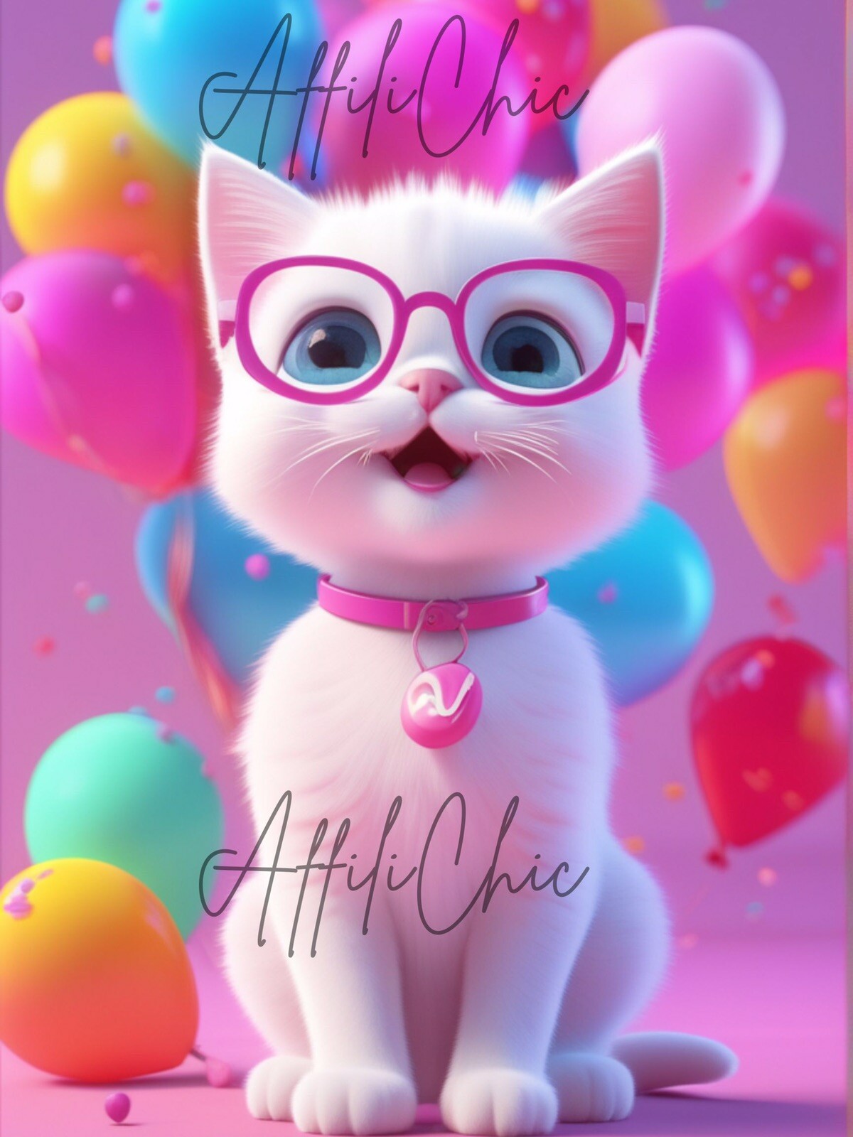 Digital Phone Wallpaper AI Generated Desktop White Kitty Pink Glasses Image