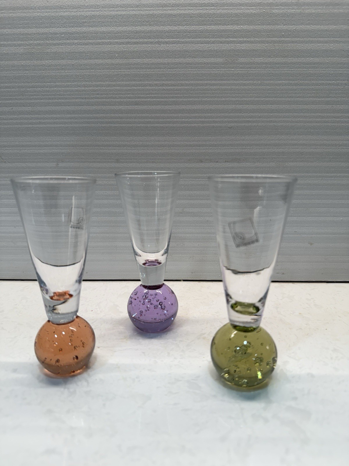 3 Colorful Bubble Ball Stem ShotGlasses Handblown Clear W PurpleGreen Amber