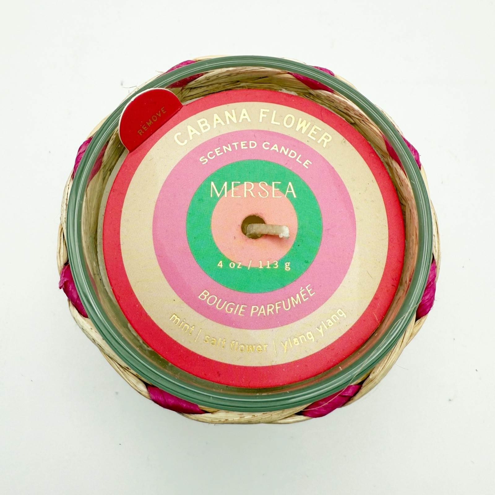 MER SEA Cabana Flower Glass Soy Bougie Scented Candle 4 Oz Woven Decor Pink