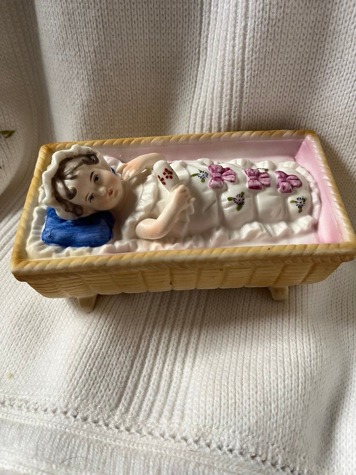 Rare Vintage Bisque Baby in Cradle