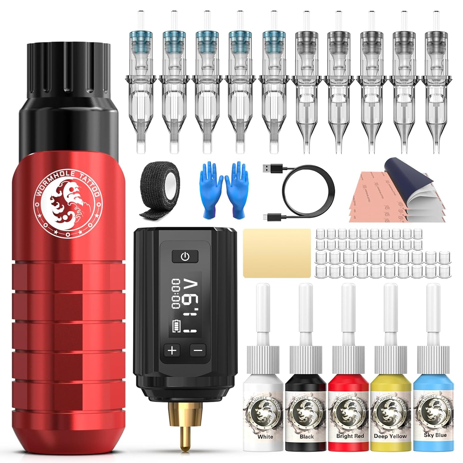 Wormhole Tattoo Kit Tattoo Gun with 1200mAh Power Supply, 10pcs Tattoo Needle...