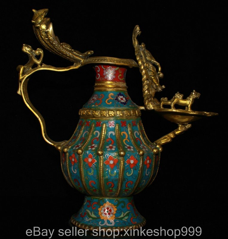 11.2" Old Chinese Cloisonne Copper Gilt Elephant Trunk God of Wealth oil Kettle