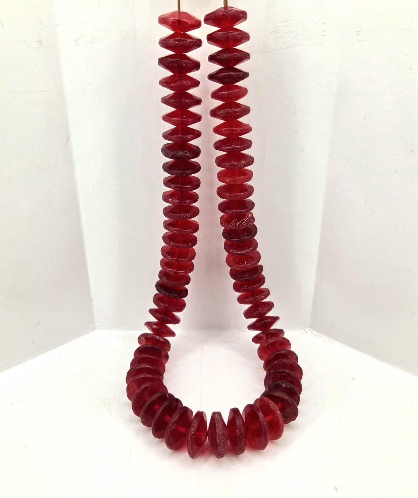 16" Antique Glass Trade Bead Strand Bohemian Red Vaseline Bicone Vintage African