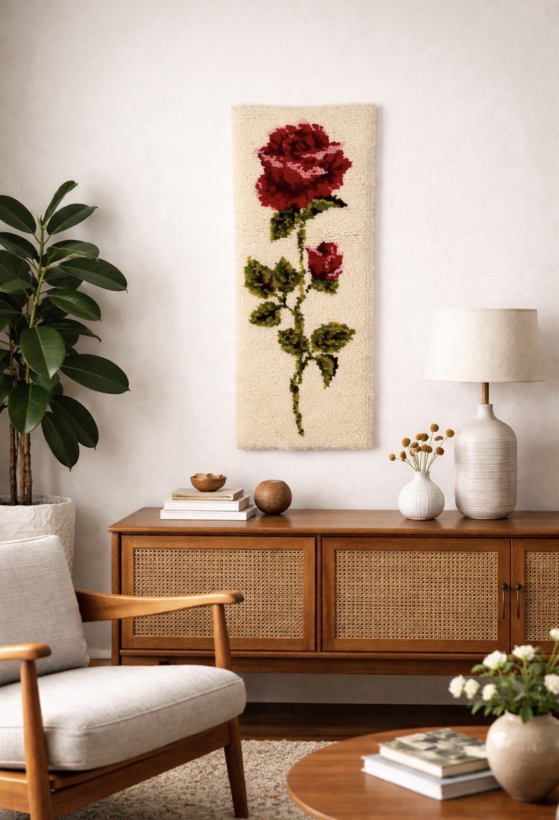 Vintage Shillcraft Rose Weave Handmade Wall Hanging Mid Century Modern Rug Art