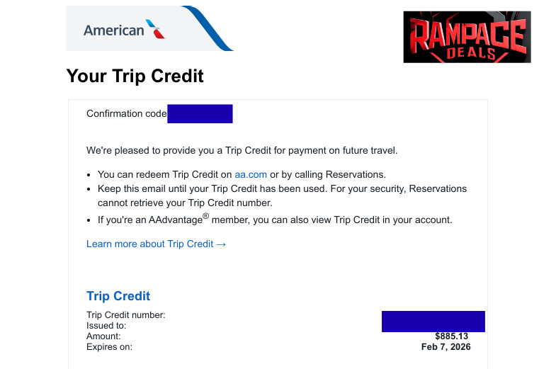 $876.37 American Airlines Trip Credit – No Restrictions – 6 Month Expiry