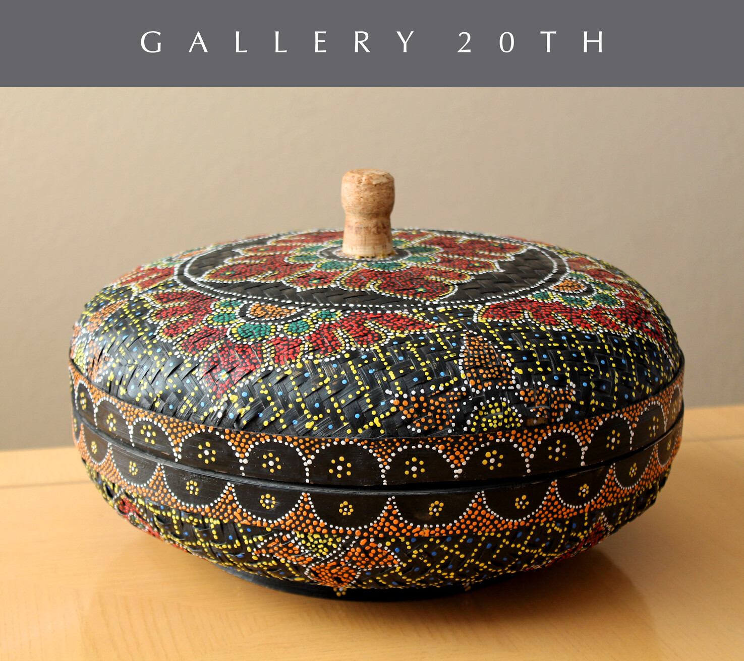 SUPERB! HANDCRAFTED WICKER MEXICAN BASKET! ORIG ART VTG BOWL MANDALA MID CENTURY