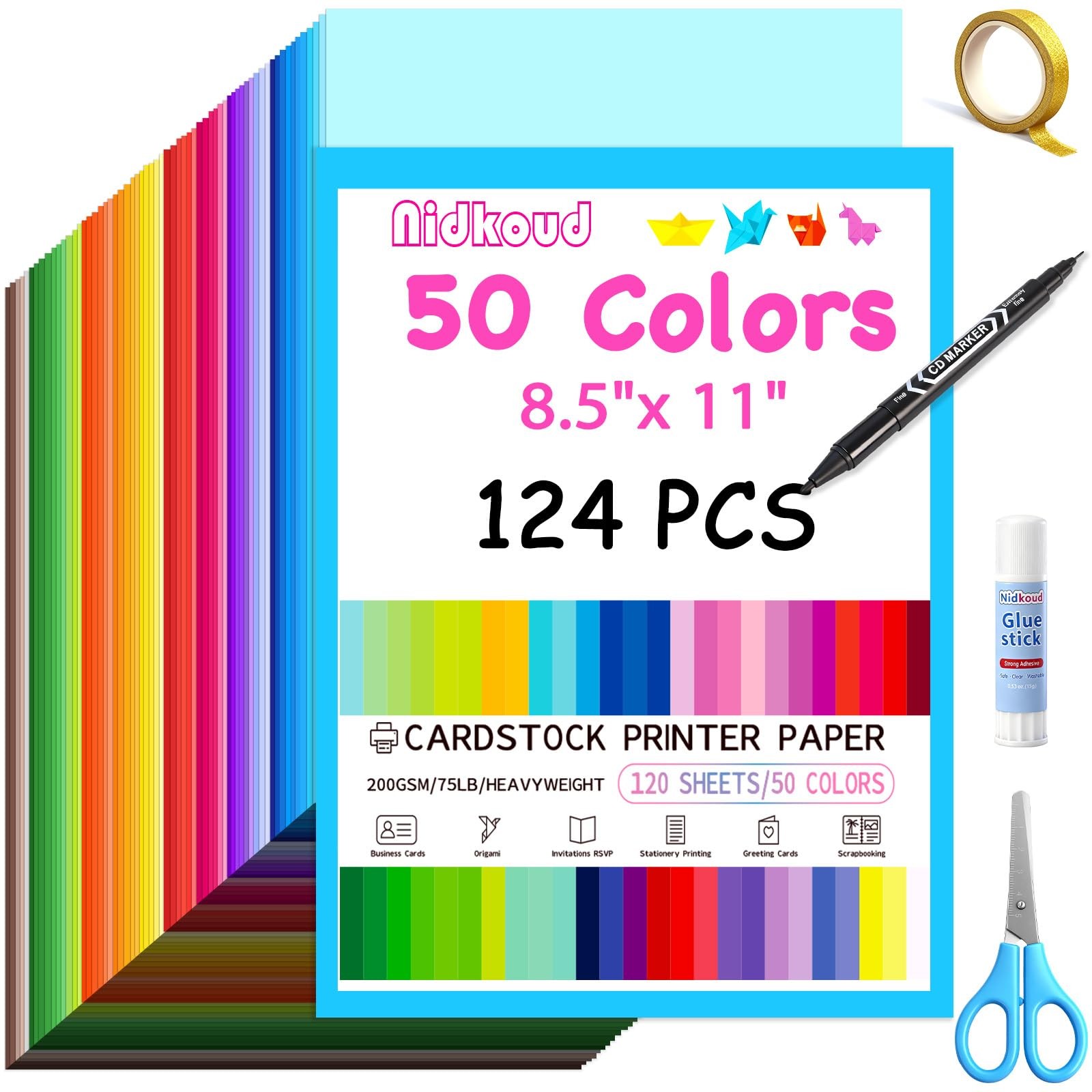 124 PCS Colored Cardstock 8.5" x 11", 50 Assorted Colors Construction Paper f...