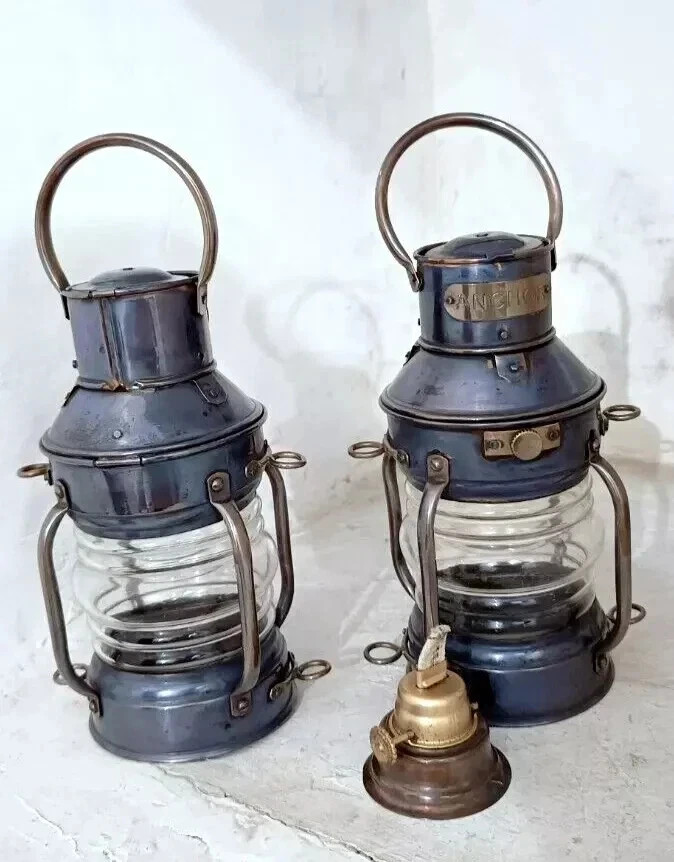 Set of 2 Antique Copper Oil Lamps – Nautical Anchor Ship Lanterns, 10” Boat Ligh