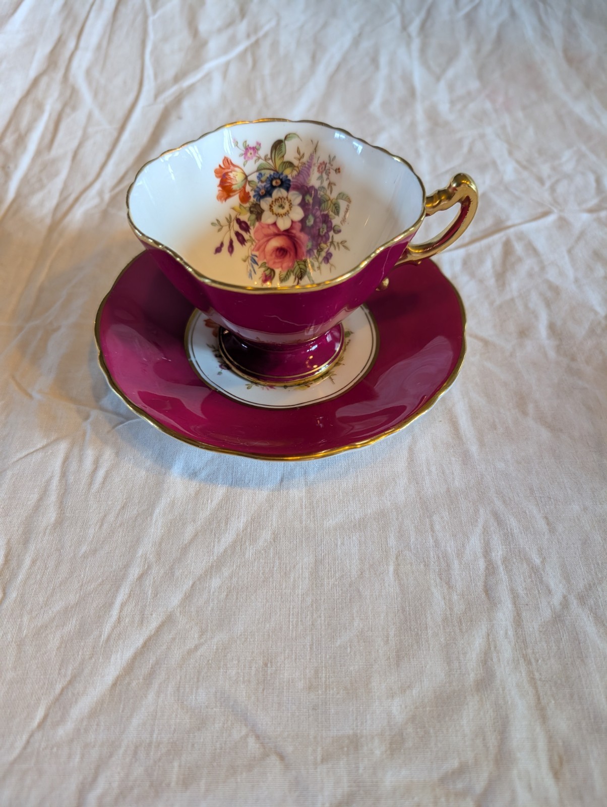 Hammersley Vintage Floral Teacup and Saucer Set - Gold and Purple pink