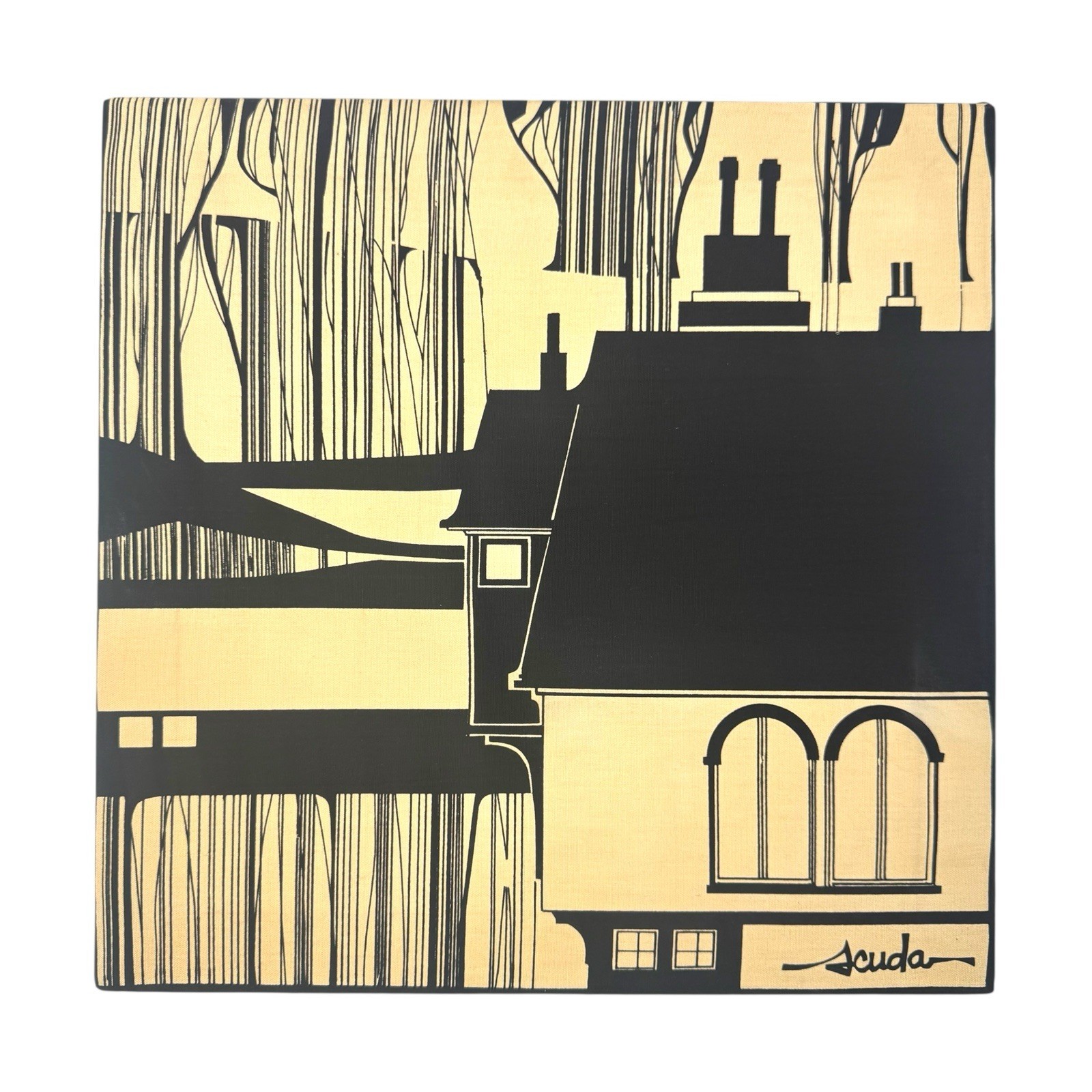 Vintage MCM Bob Van Allen Scuda Canvas Art - Cityscape Mounted On Frame