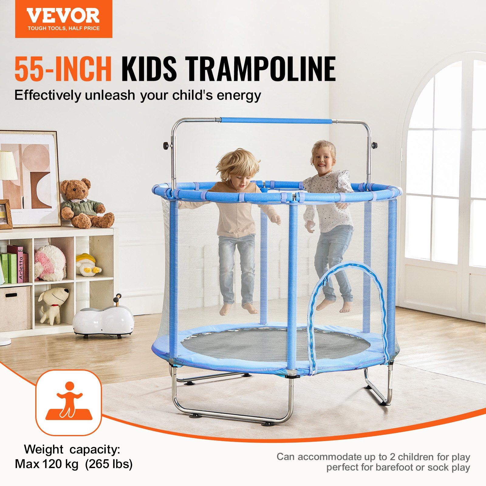 55" Mini Trampoline for Kids with Safety Net, Adjustable Handles, Indoor/Outdoor