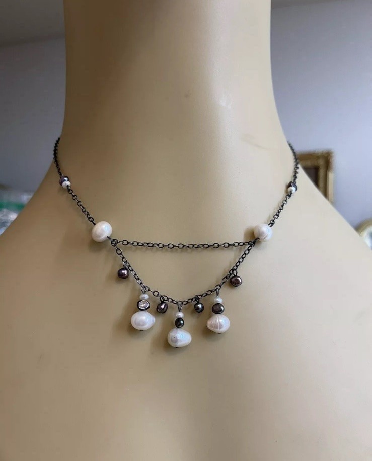 925 Sterling Silver Black Tone Freshwater Cultured Black  White Pearl Necklace