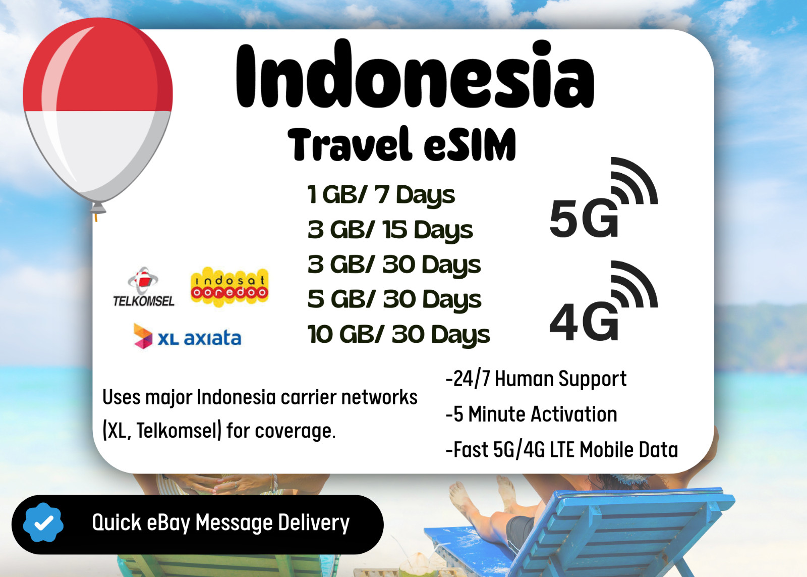 [eSIM]Indonesia Travel eSIM Card, 1-10GB, 7-30Days, QR Code, Fast Delivery