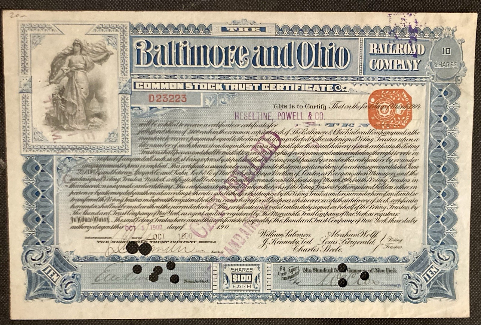 Baltimore and Ohio Railroad Company 1900 Stock Certificate with UK Revenue