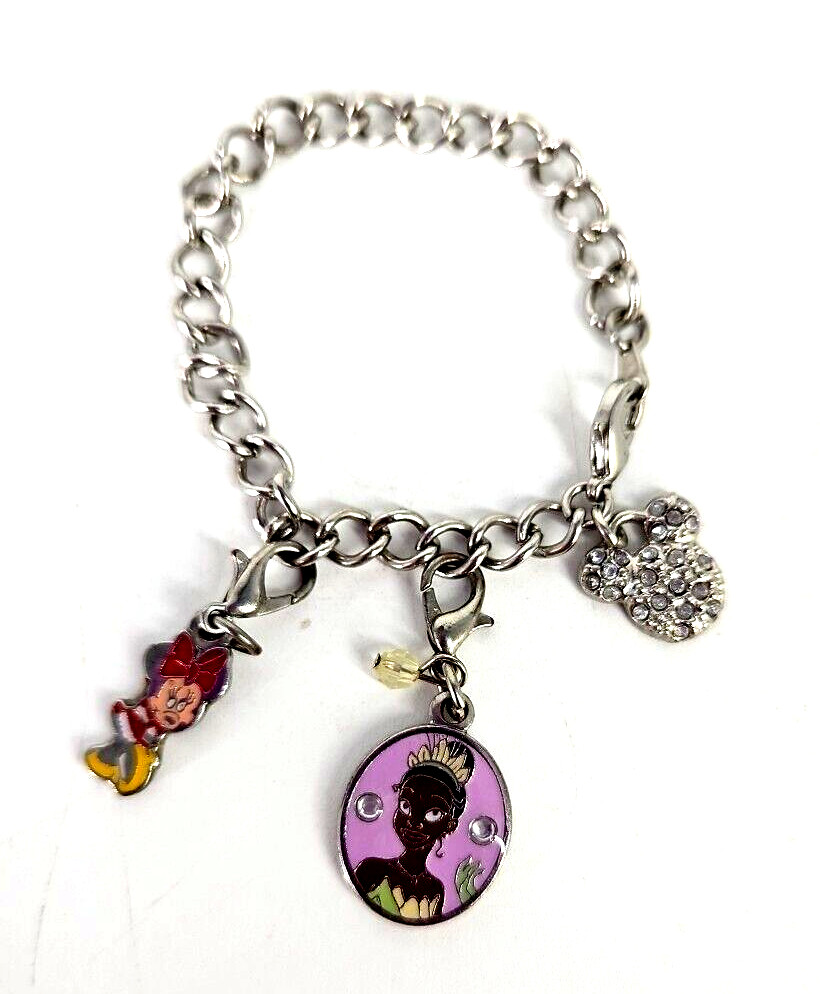 Disney Girls Child 3 Charms Bracelet Silver Tone Chain 6 inch