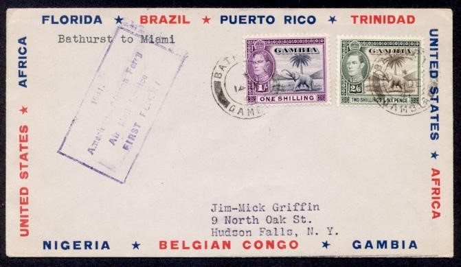 GAMBIA 1942 FFC TO USA w/KGVI VALUES