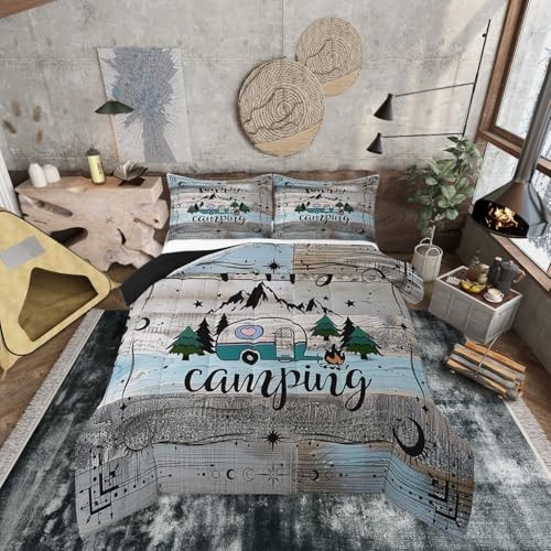  Camper Bedding Set Happy Camping Comforter Set Rv Bunk Queen Black Blue Grey