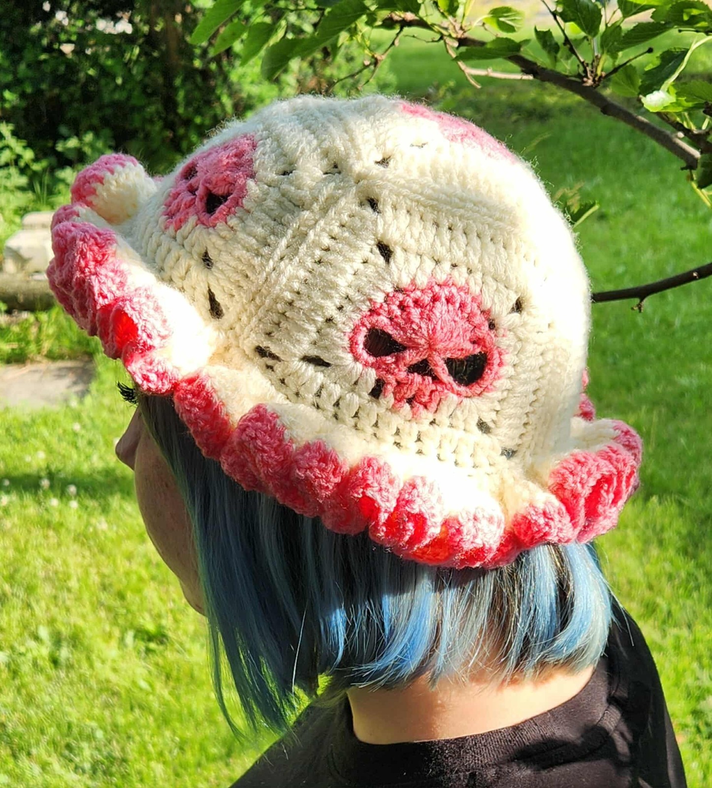 Oddly Hooked Artisan Made Crochet Hats Skull Granny Square Pink Ivory Festival 