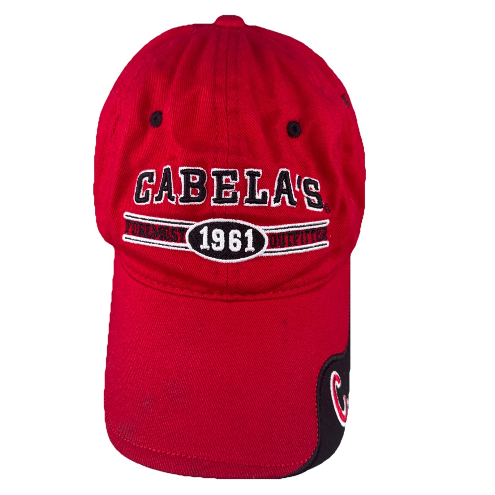 Cabela’s Pure Most Outfitter 1961 Red Cap Hat Black White Strap Buckle C on Bill