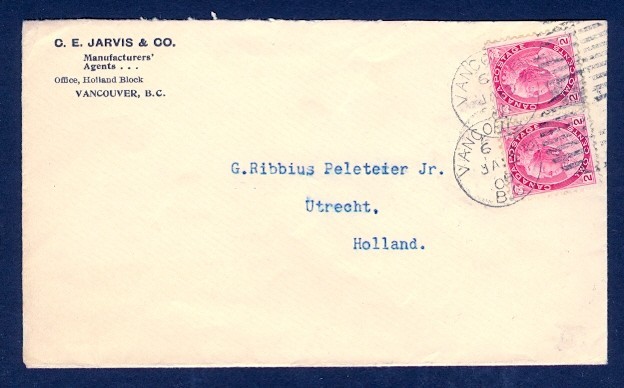 CANADA 1900 PAIR 2c QV NUMERALS OVERSEAS RATE TO HOLLAND