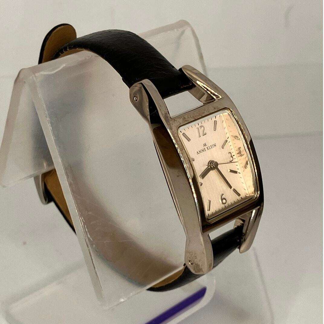 Anne Klein Watch Silver Tone Black  Leather Band *New Battery* Womens VTG