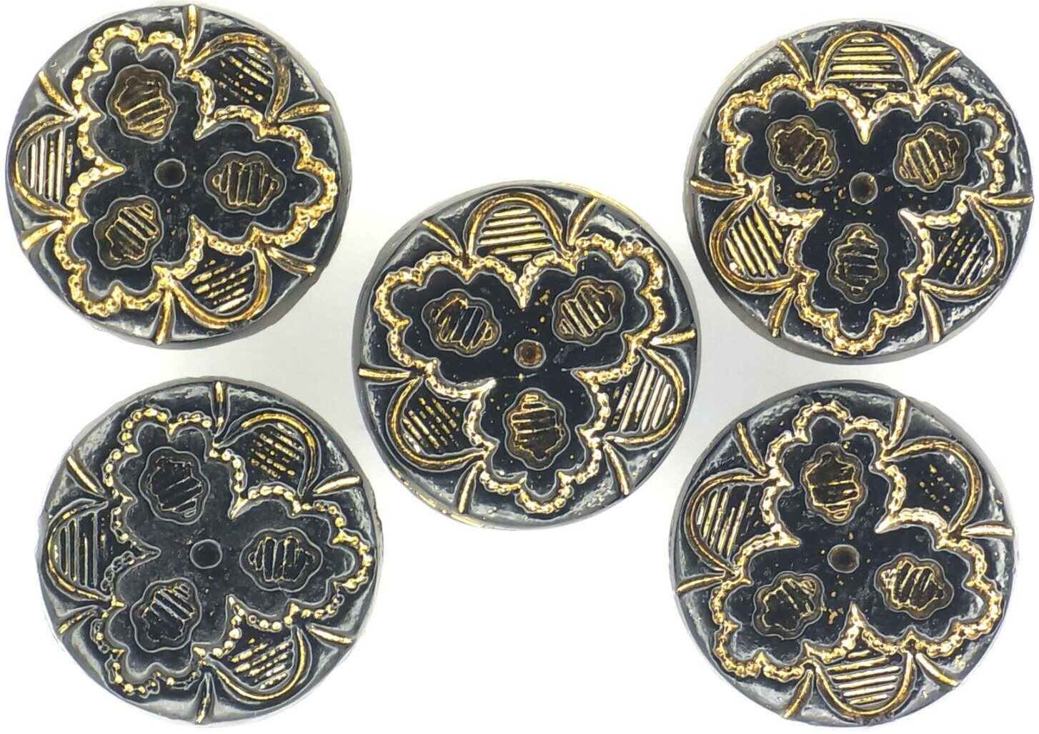 C1890s Victorian Black Glass Intaglio Gold Luster Scalloped Leaf Button Set LOT
