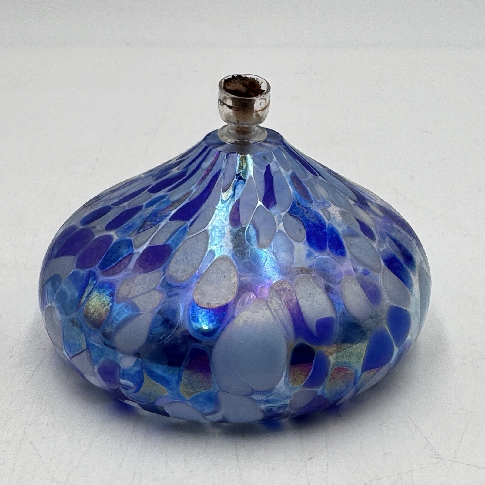 Vtg Hand Blown Art Glass Oil Lamp Iridescent Blue Purple Swirl Studio Unsigned