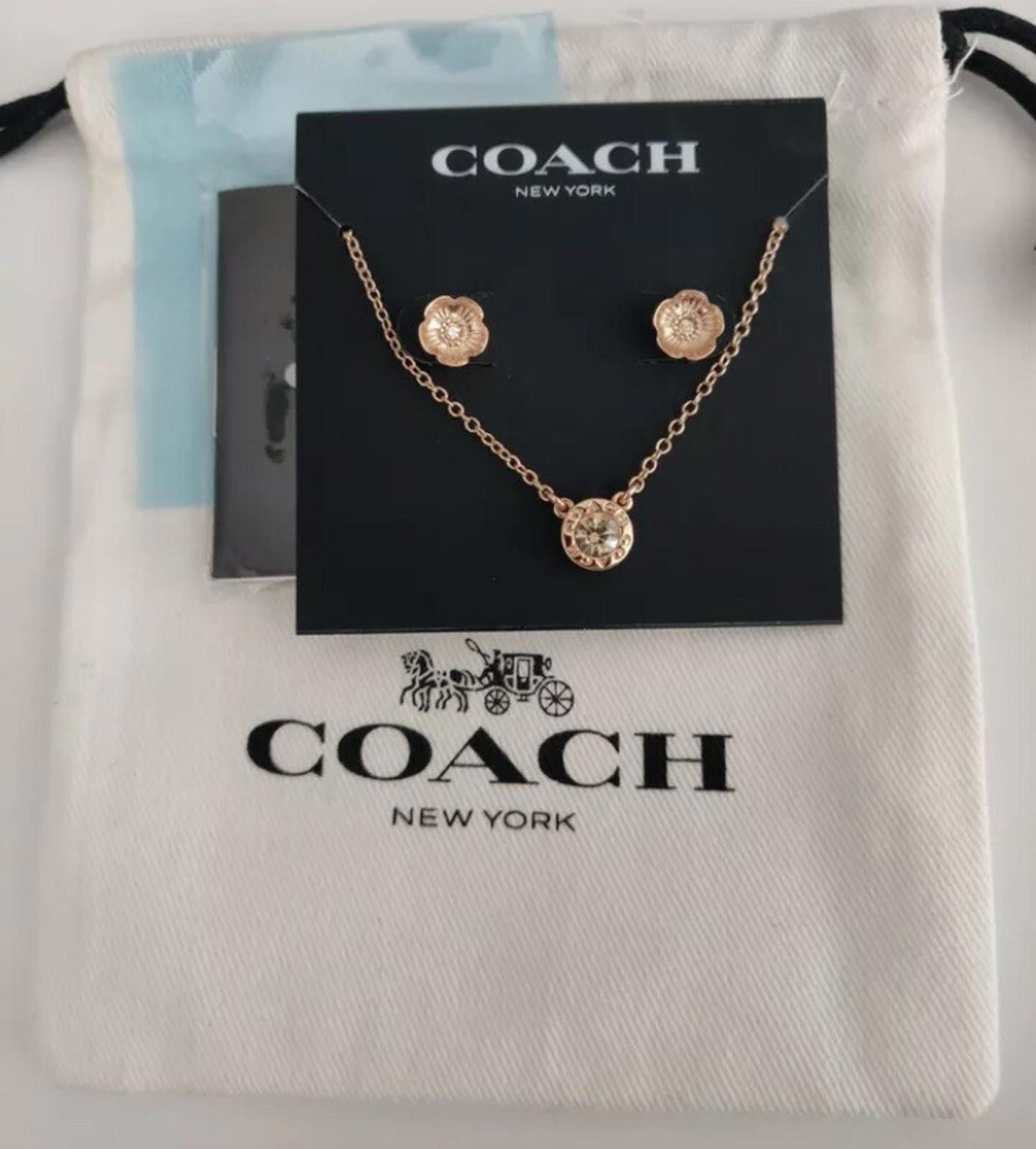COACH Open Circle Necklace & Tea Rose Stud Earrings Set in Rose Gold W/Dust Bag