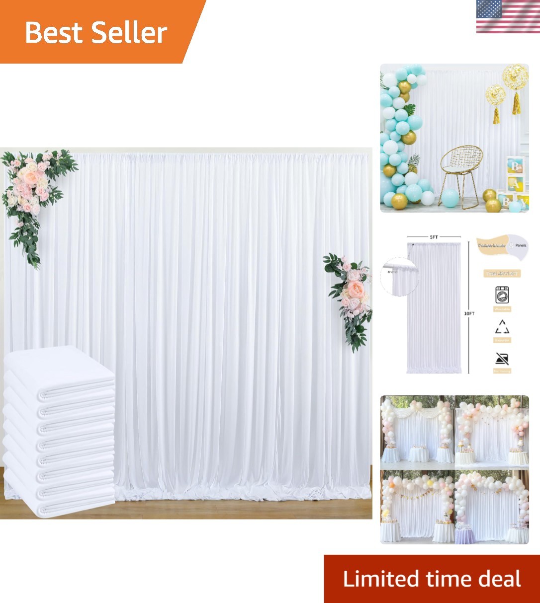 White Wedding Backdrop Curtain 40ft x 10ft Wrinkle-Free Polyester Party Drapes