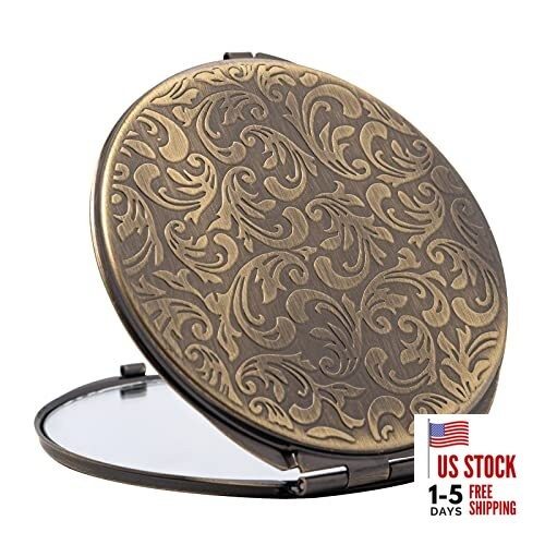  Metal Double-Sided 1x2 Handheld Retro Makeup Mirror, Easy to Carry (Bronze 