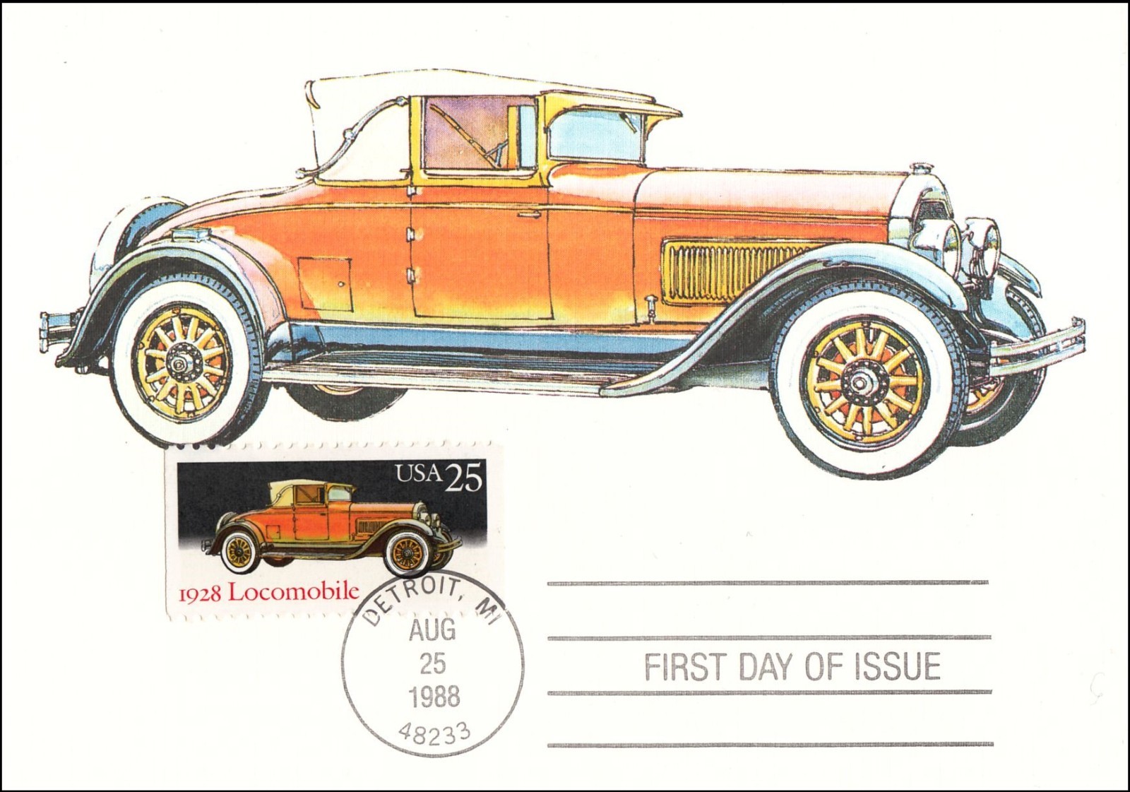 Locomobile 1928 Vintage Classic Car Auto USA Mint Maxi FDC Card 1988
