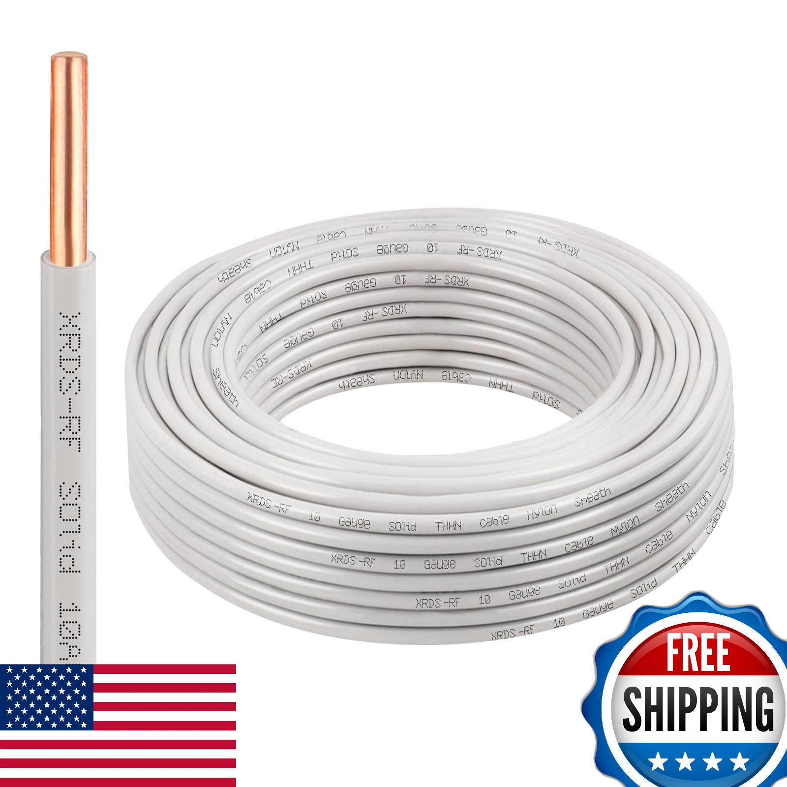 10AWG THHN Wire 50 FT, Single Bare Copper, PVC/Nylon Insulated, 600V