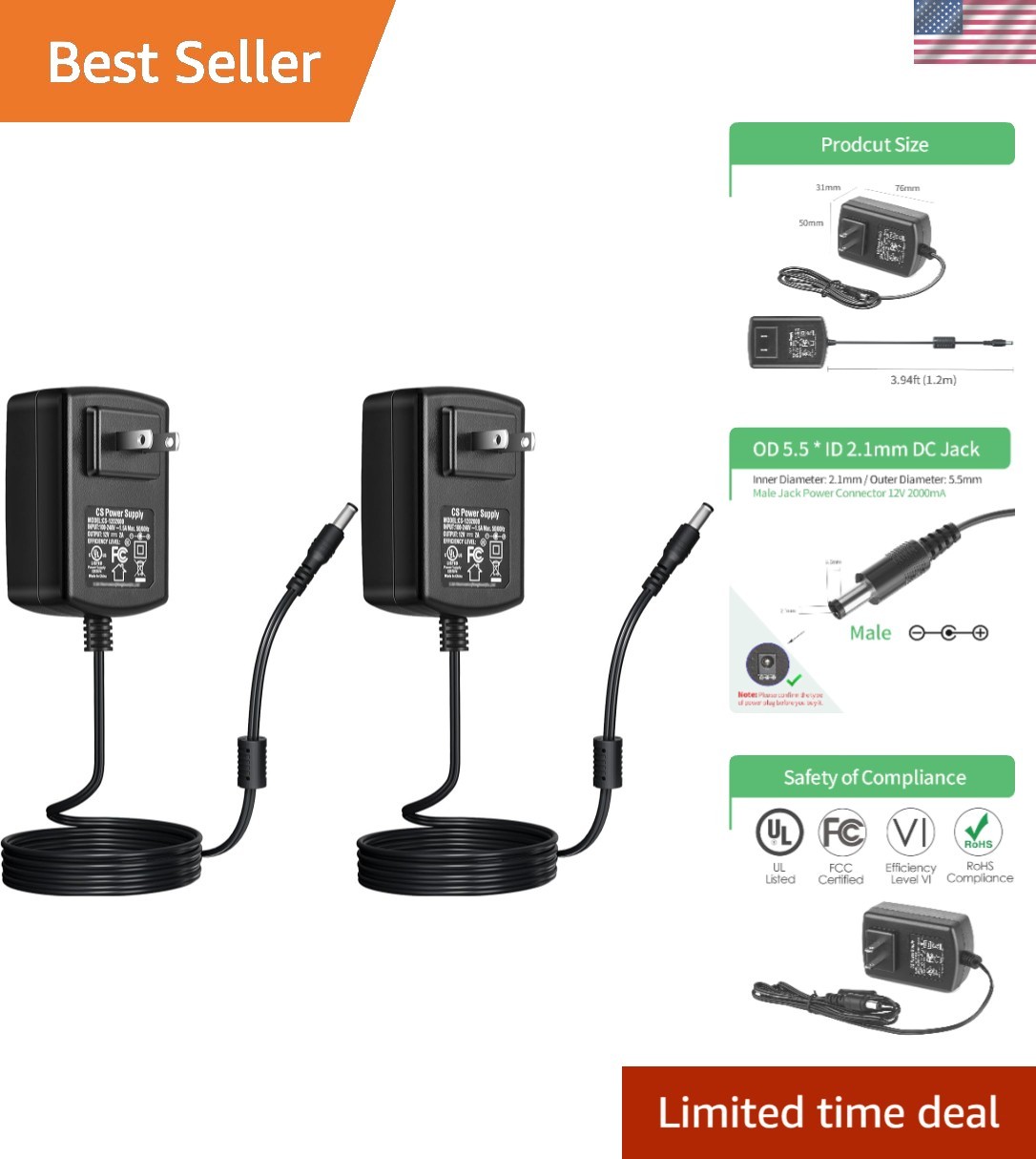 [ Certified] Security-01 2-Pack AC Adapter DC 12V 2A Power Supply 5.5mm x 2.1m