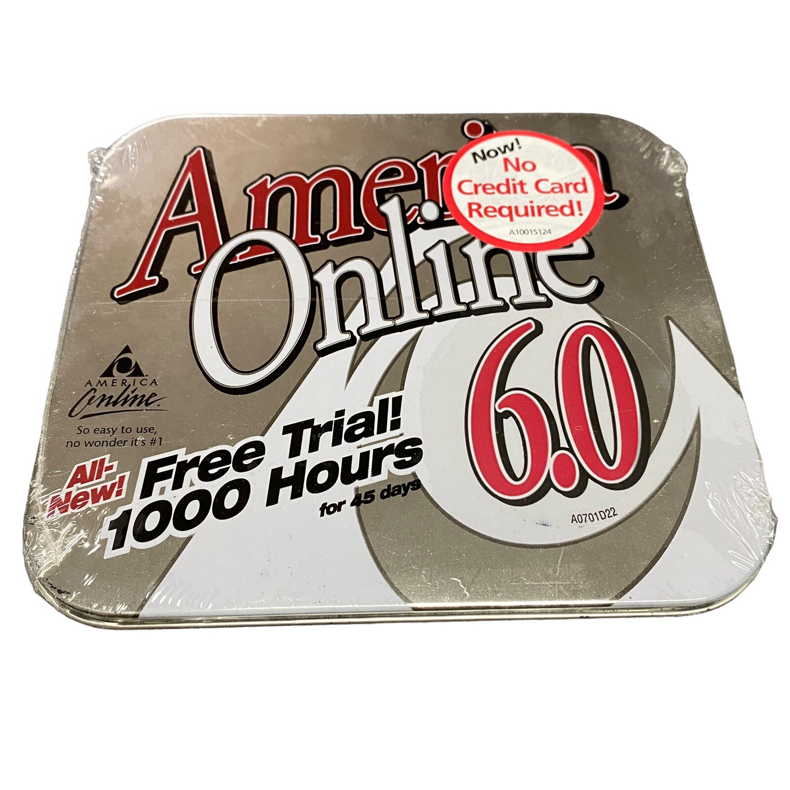 AOL 6.0 1000 Hours Now No Credit Card CD Computer Software Sealed Silver Tin