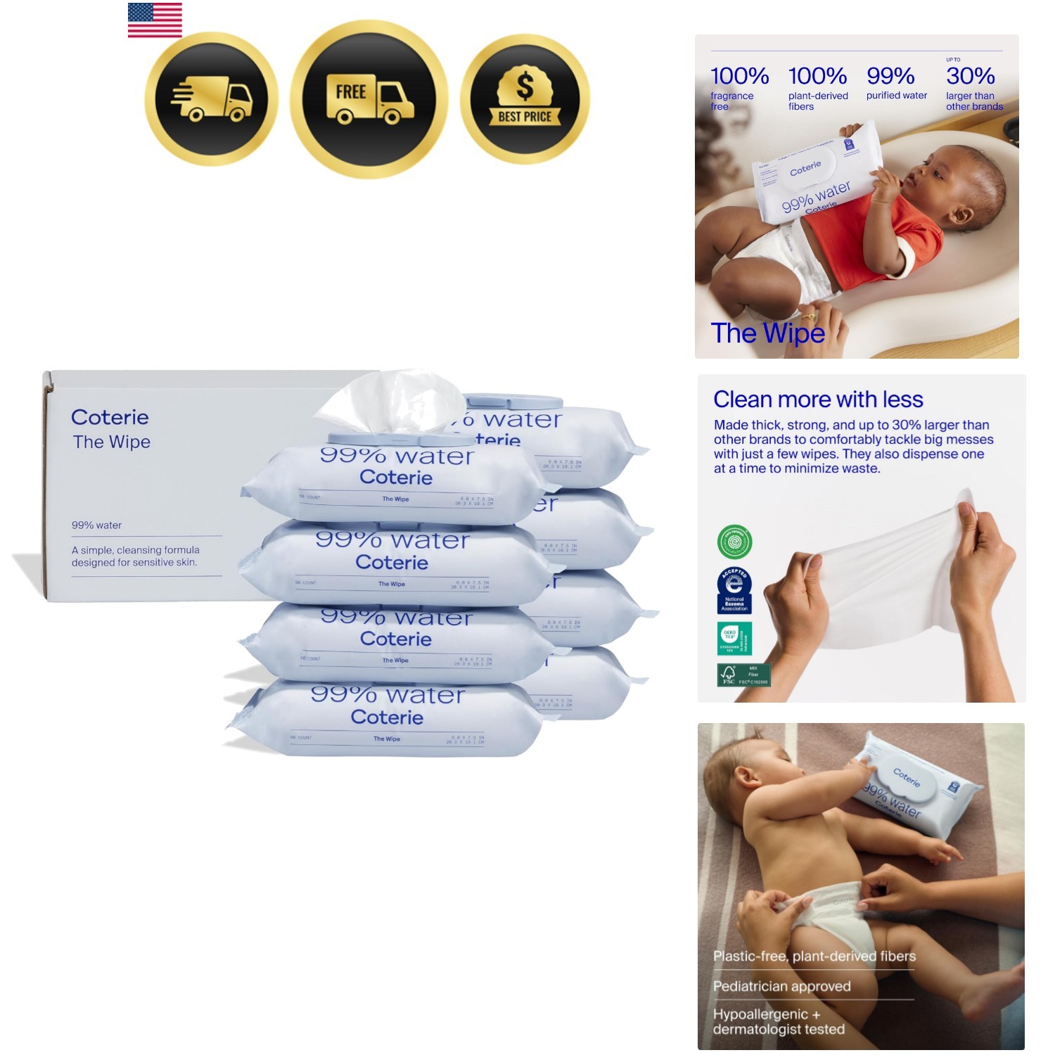 Baby Wipes, 8 Pack, 448 Count, Unscented Wipes, 99% Purified Water, Plastic-F...