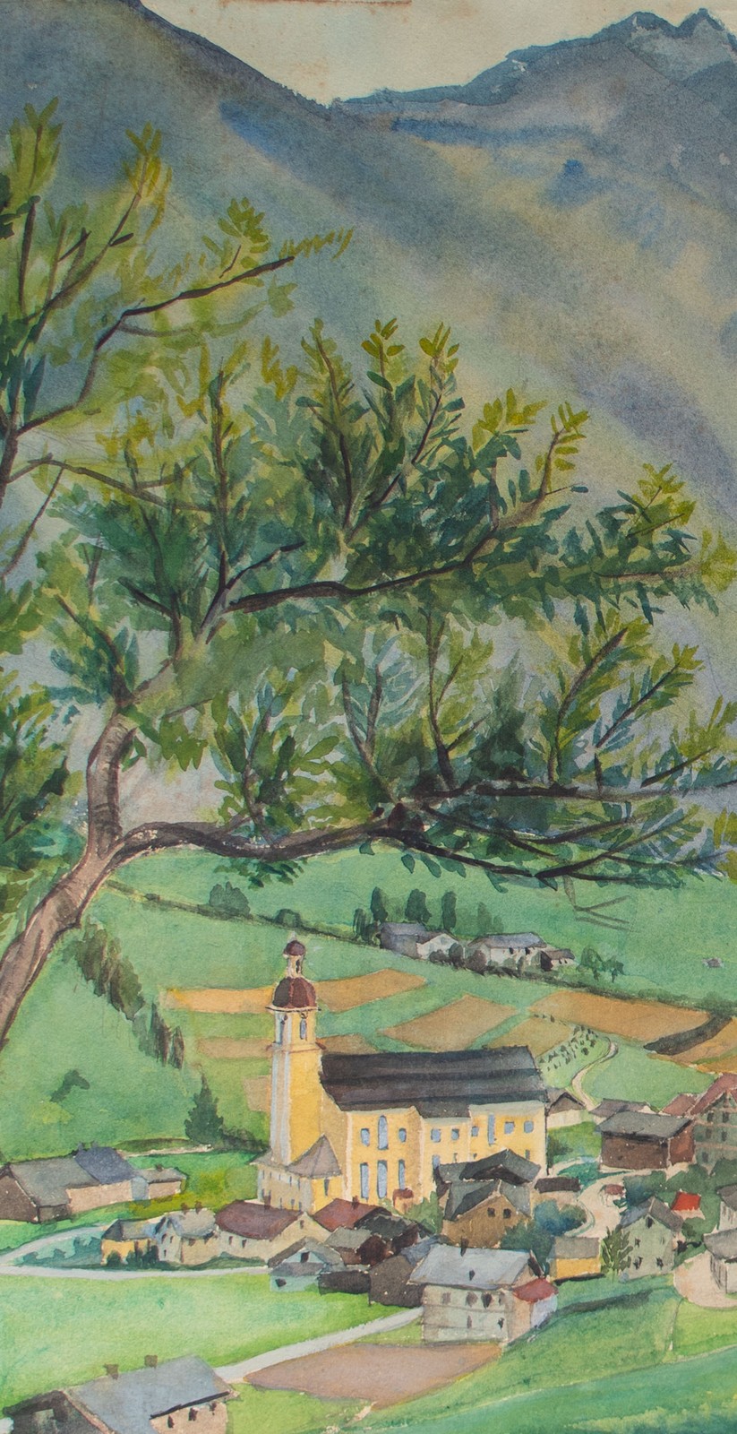 Elfriede Michel village view Neustift Stubai Valley Tyrol Austria original watercolour